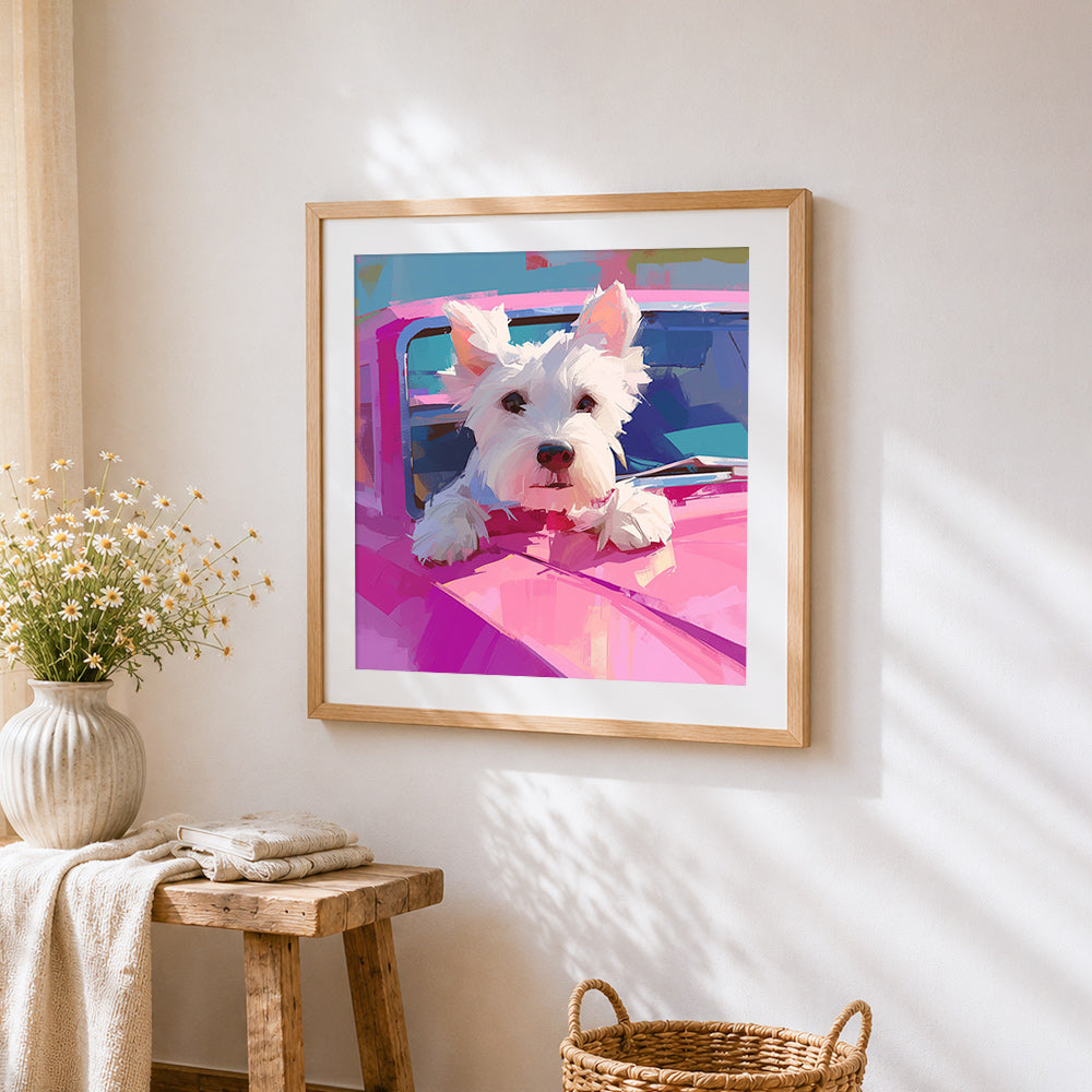 Westie dog in a pink car cross stitch artwork displayed on wall as home decor