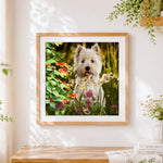 Finished westie dog in a wildflower garden cross stitch artwork displayed