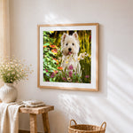 Westie dog in a wildflower garden cross stitch artwork displayed on wall as home decor