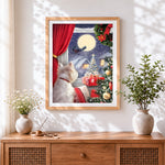 Finished westie dog watching santa's sleigh cross stitch artwork displayed