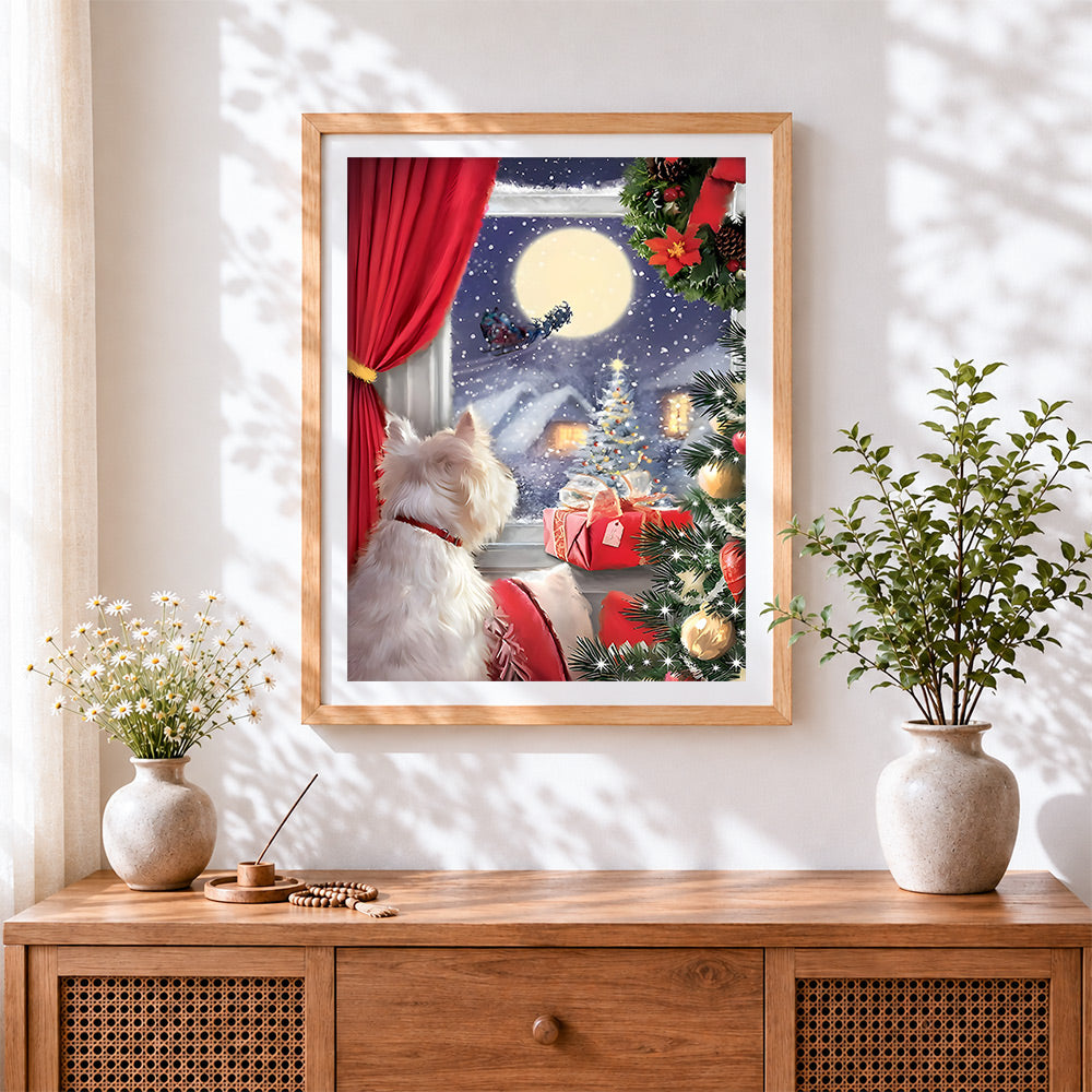 Finished westie dog watching santa's sleigh cross stitch artwork displayed