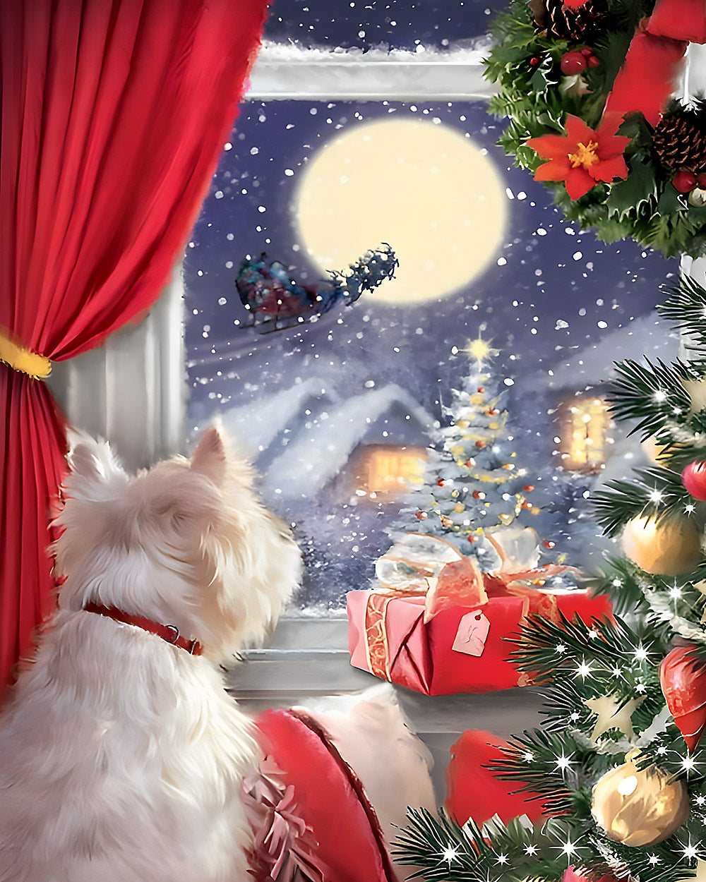Westie dog watching santa's sleigh cross stitch kit for beginners