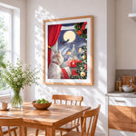 Westie dog watching santa's sleigh cross stitch artwork displayed on wall as home decor