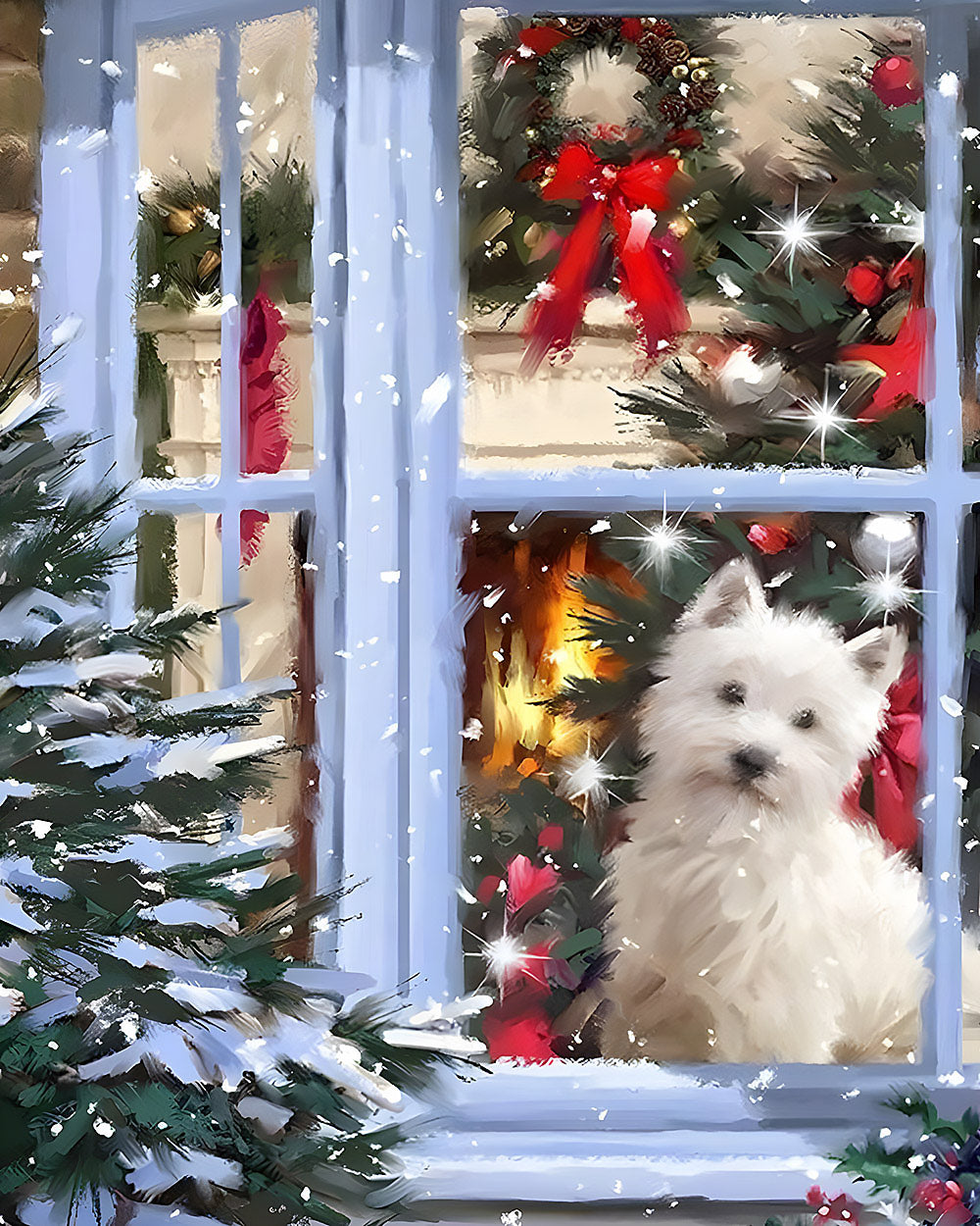 Westie sitting by a christmas window cross stitch kit for beginners