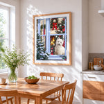 Westie sitting by a christmas window cross stitch artwork displayed on wall as home decor