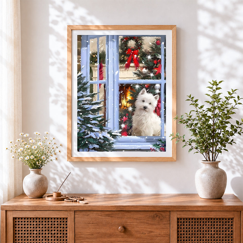 Finished westie sitting by a christmas window paint by numbers artwork displayed as home decor
