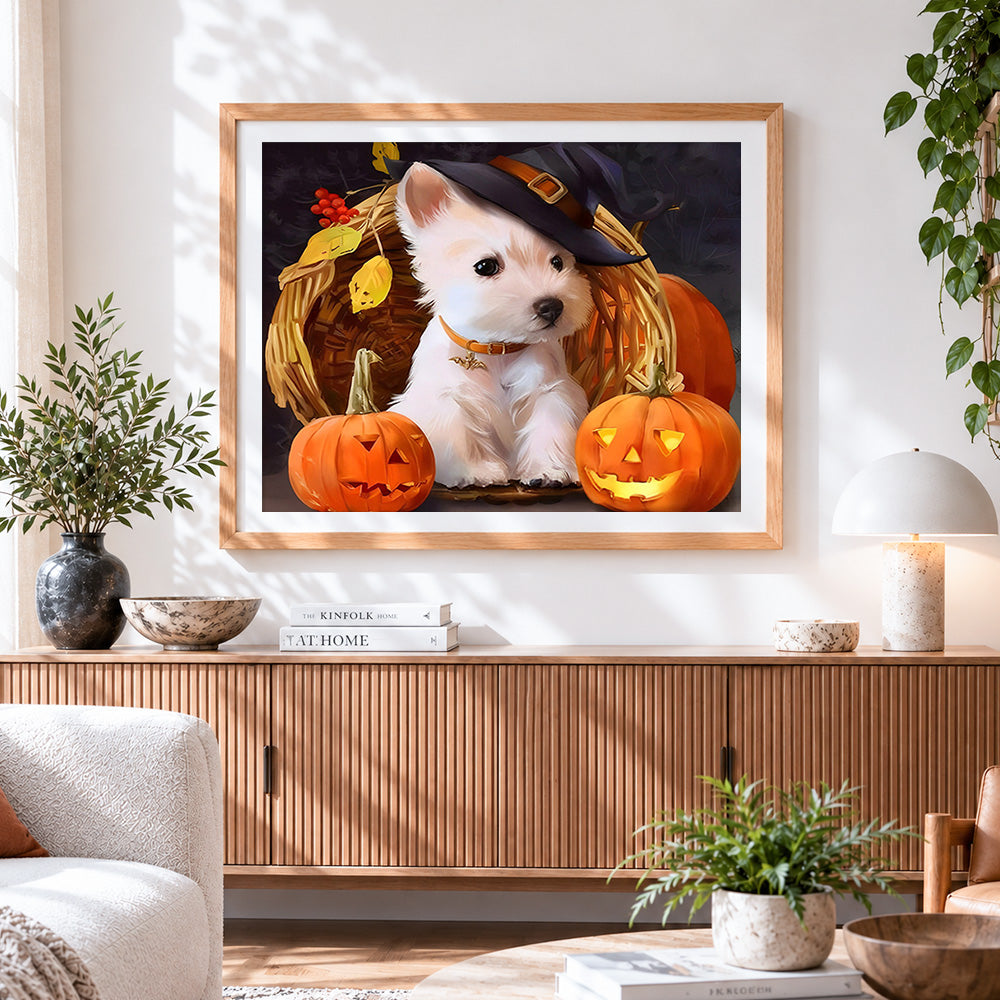 Finished westie with witch hat and pumpkins cross stitch artwork displayed
