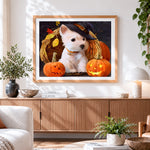 Finished westie with witch hat and pumpkins cross stitch artwork displayed