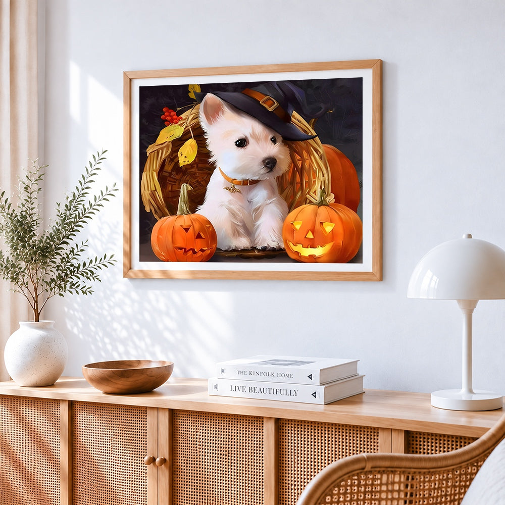 Westie with witch hat and pumpkins cross stitch artwork displayed on wall as home decor