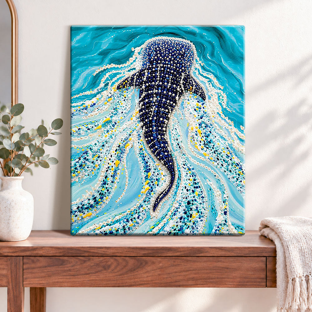 Finished whale shark in ocean pearl diamond painting artwork displayed as home decor