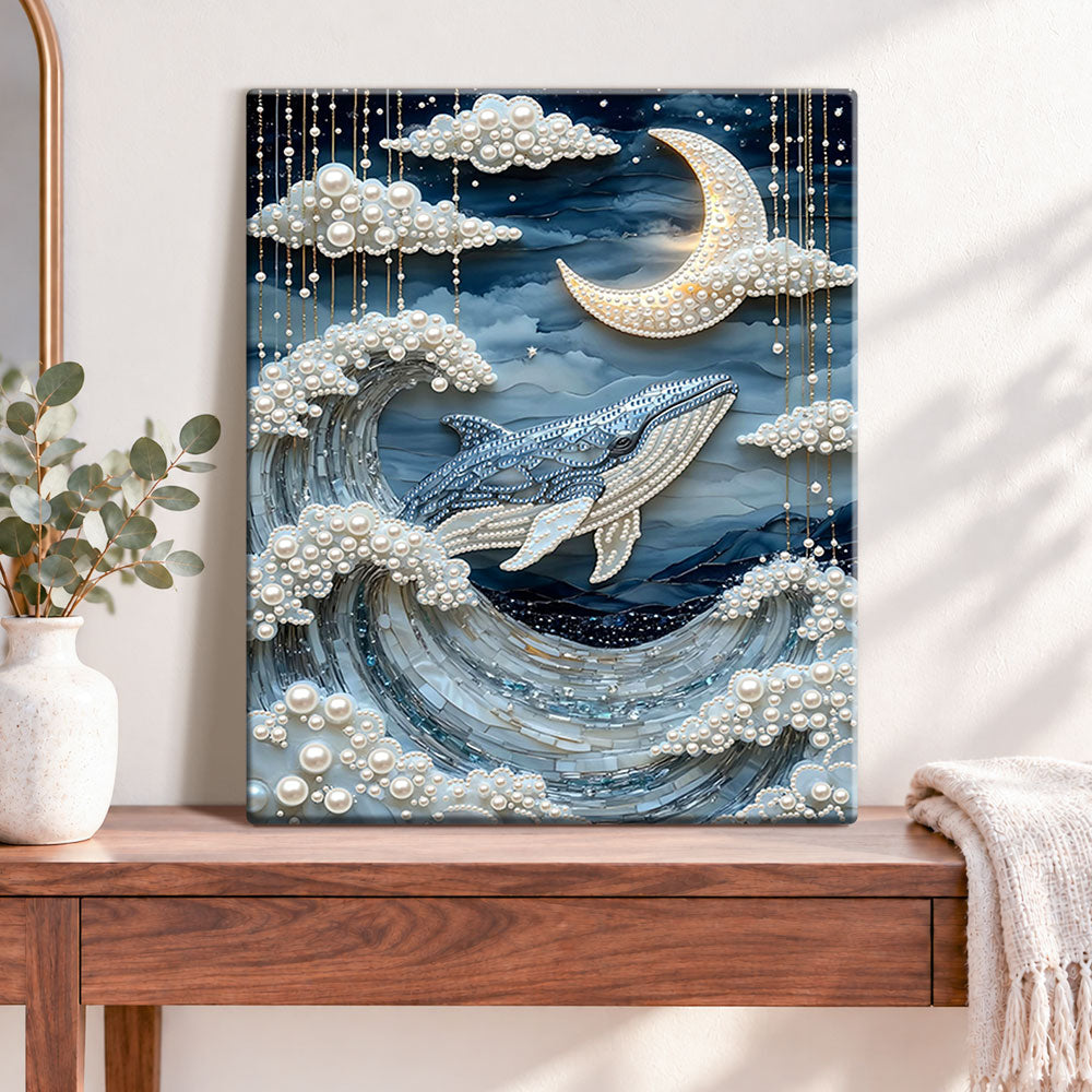 Finished whale under moon and clouds pearl diamond painting artwork displayed as home decor