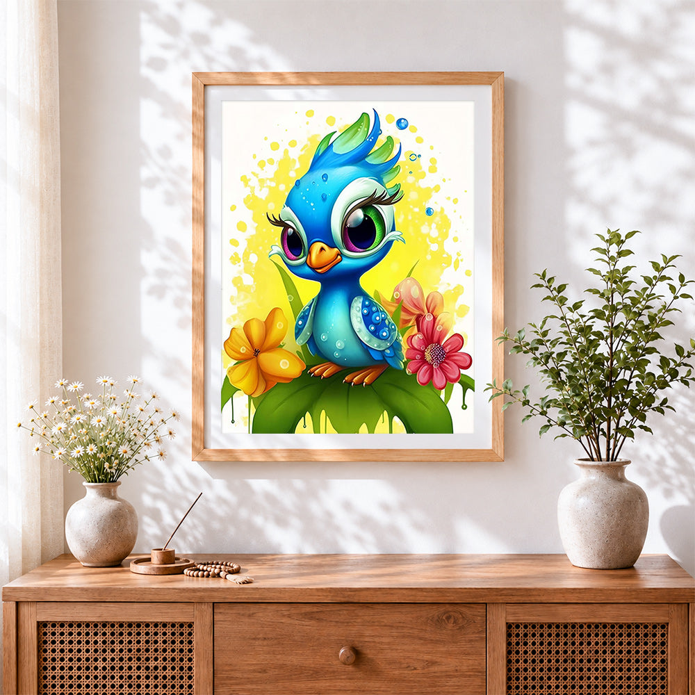 Finished whimsical blue bird with flowers cross stitch artwork displayed