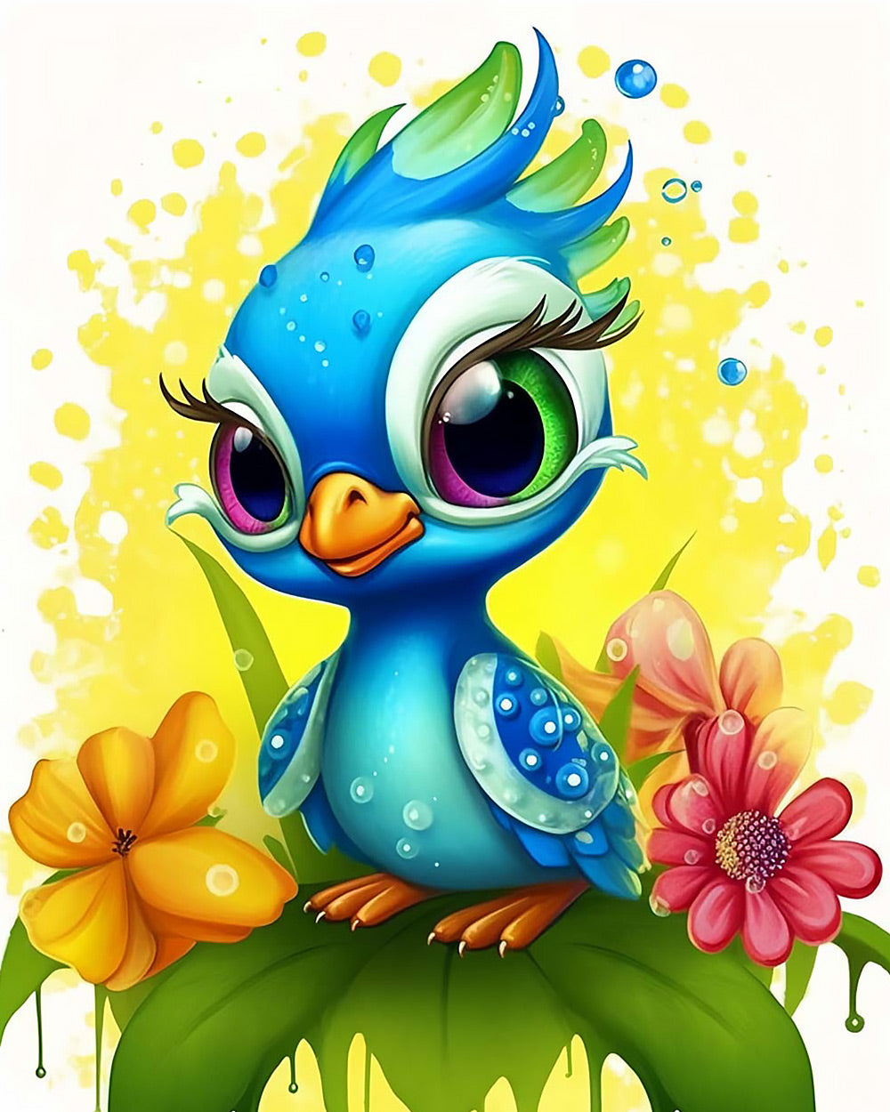 Whimsical blue bird with flowers cross stitch kit for beginners