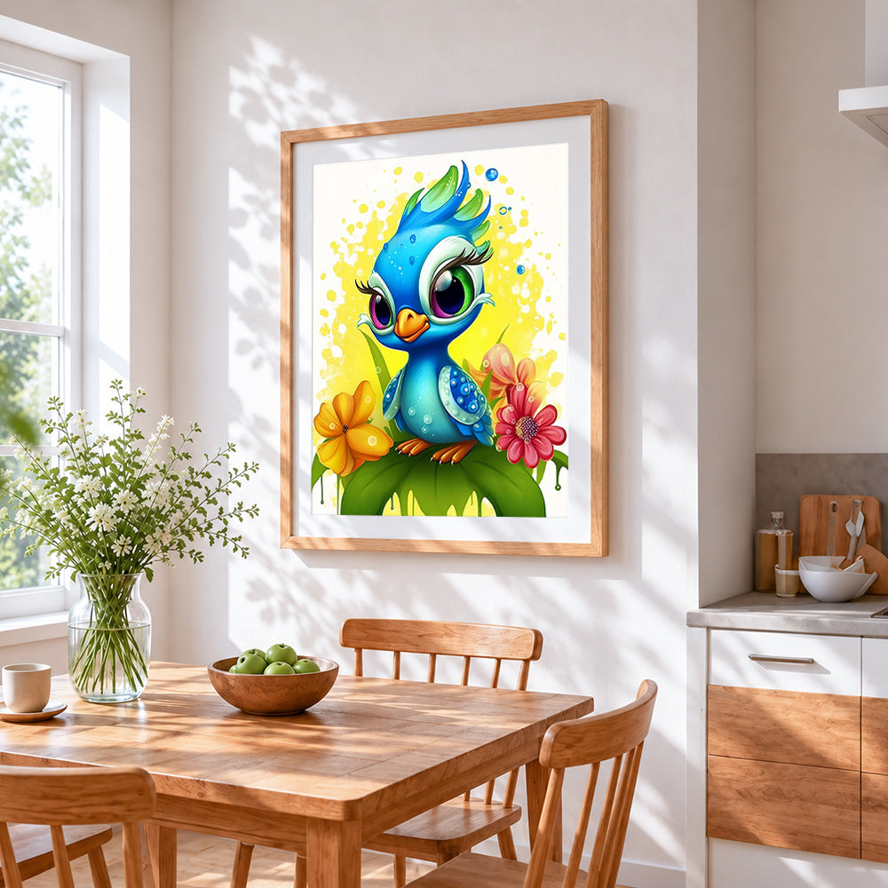 Finished whimsical blue bird with flowers cross stitch artwork displayed on wall as home decor