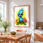 Finished whimsical blue bird with flowers cross stitch artwork displayed on wall as home decor