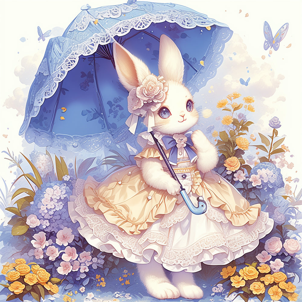 Whimsical bunny in a lace dress cross stitch kit for beginners