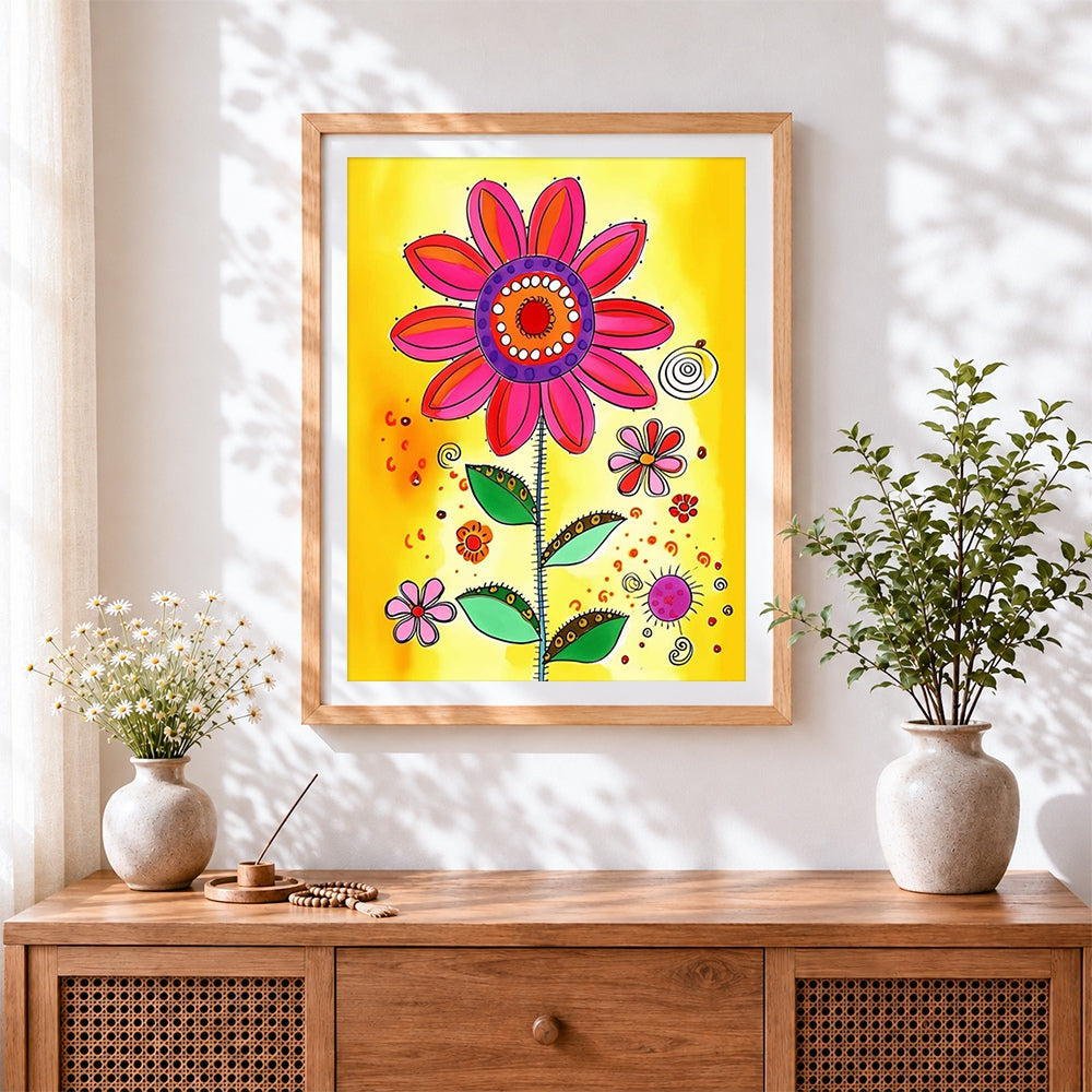 Finished whimsical cartoon flower cross stitch artwork displayed