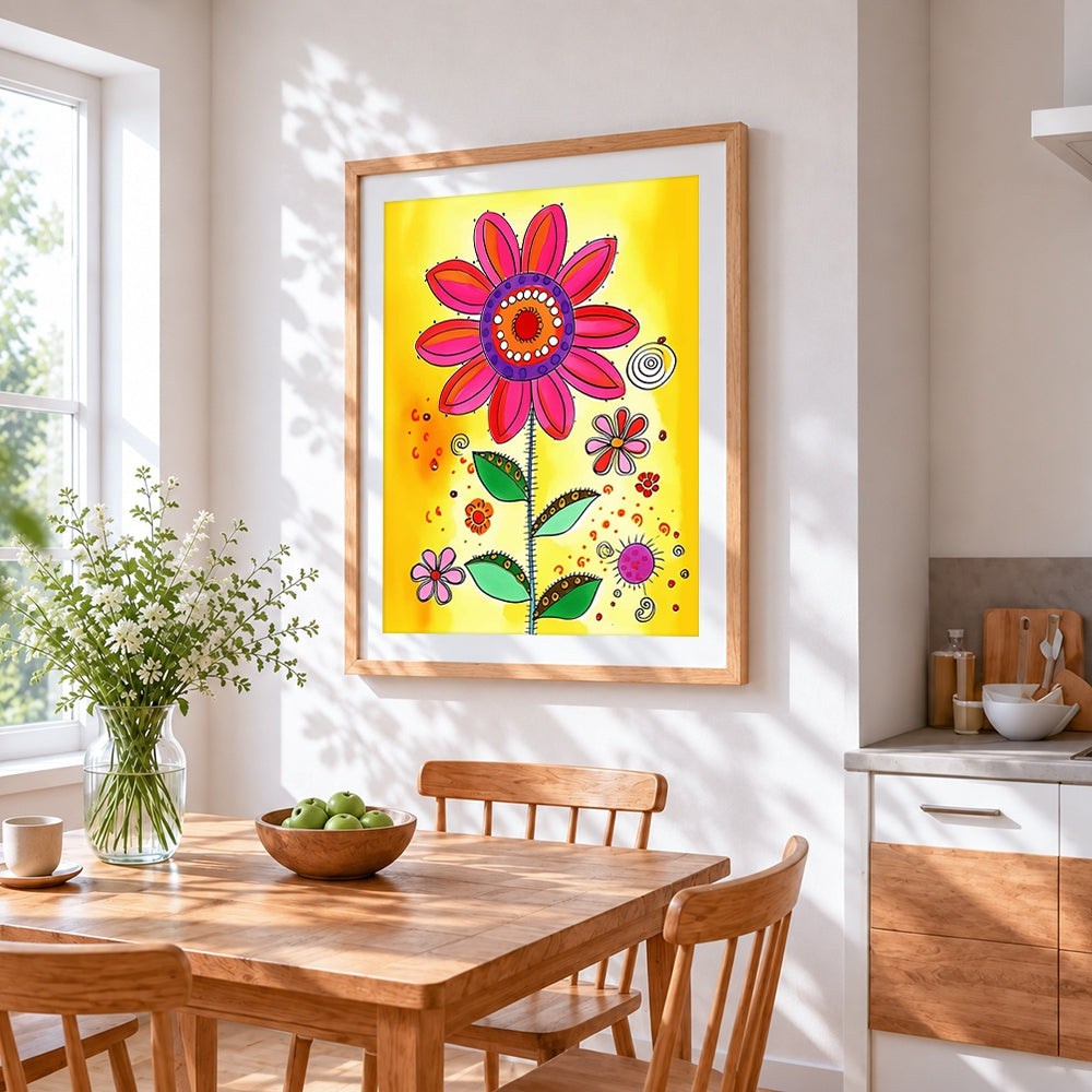 Whimsical cartoon flower cross stitch artwork displayed on wall as home decor