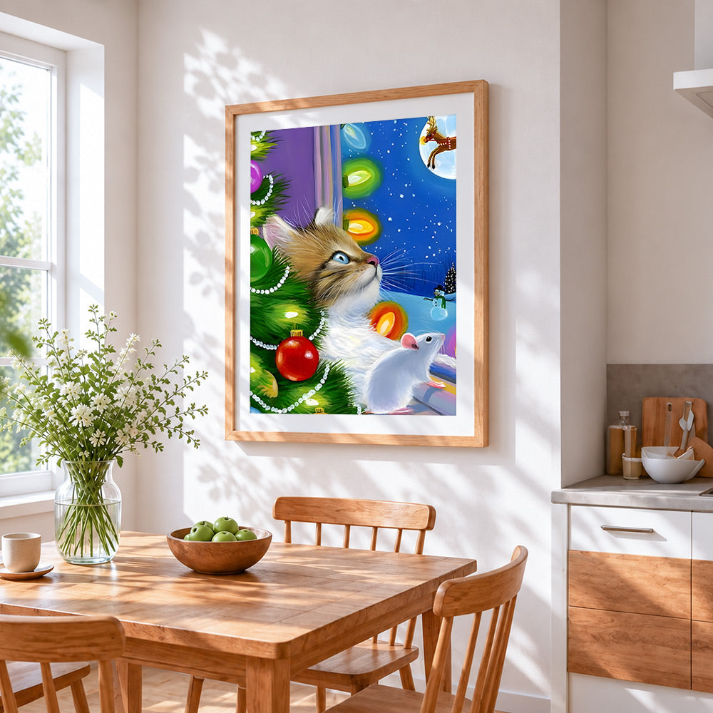 Whimsical cat and mouse by a christmas tree cross stitch artwork displayed on wall as home decor