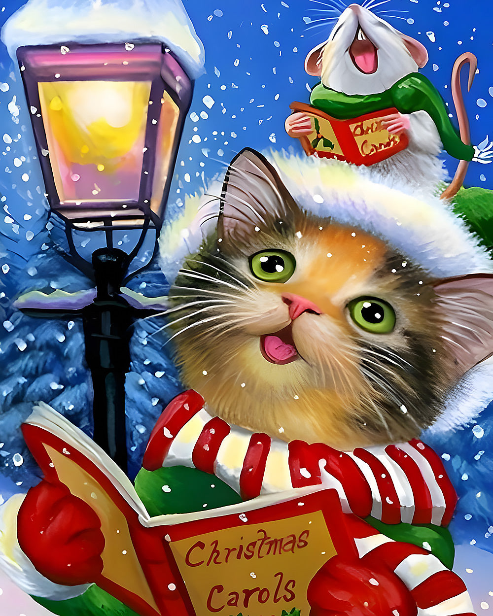 Whimsical cat and mouse singing christmas carols cross stitch kit for beginners