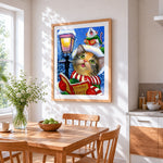 Whimsical cat and mouse singing christmas carols cross stitch artwork displayed on wall as home decor