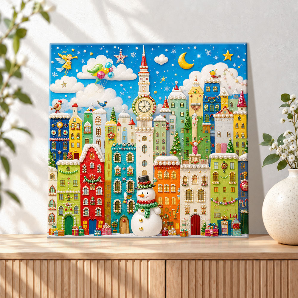 Finished whimsical christmas town pearl diamond painting artwork displayed as holiday home decor