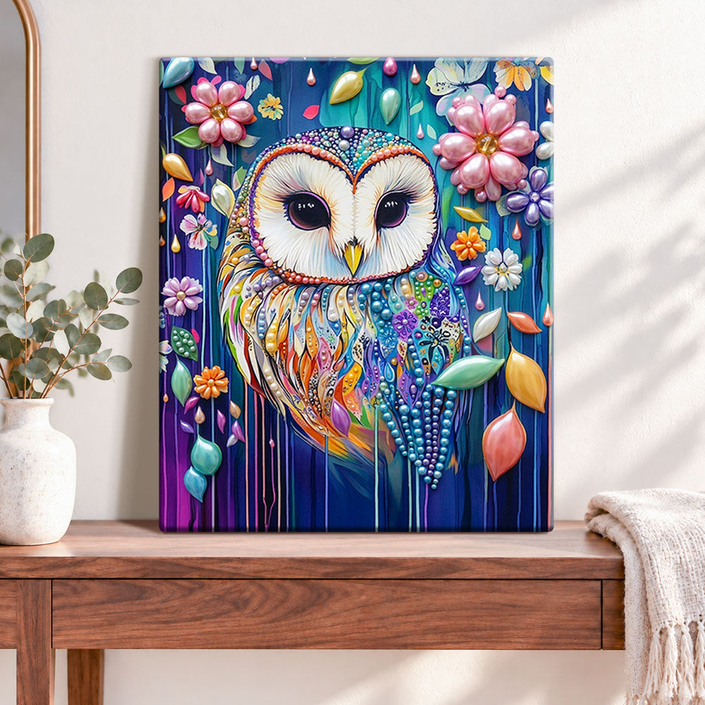 Finished whimsical colourful owl pearl diamond painting artwork displayed as home decor