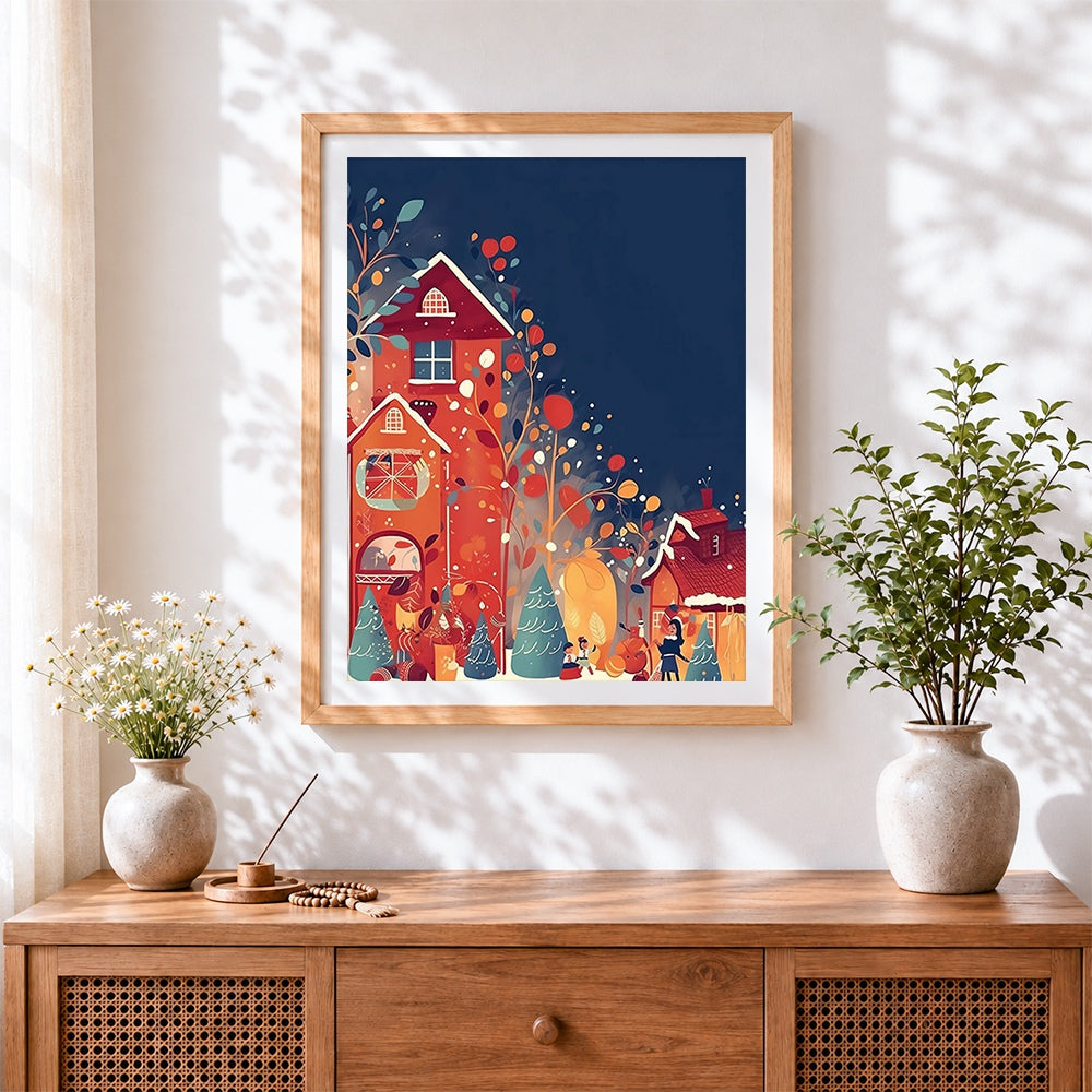 Finished whimsical colourful christmas village cross stitch artwork displayed
