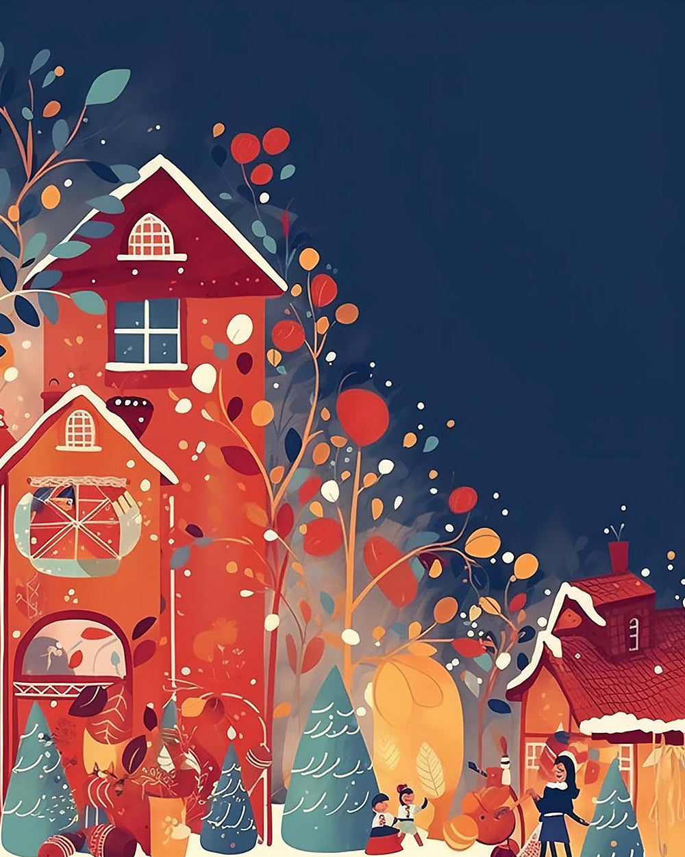 Whimsical colourful christmas village cross stitch kit for beginners