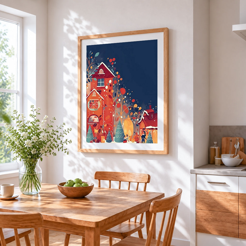 Whimsical colourful christmas village cross stitch artwork displayed on wall as home decor