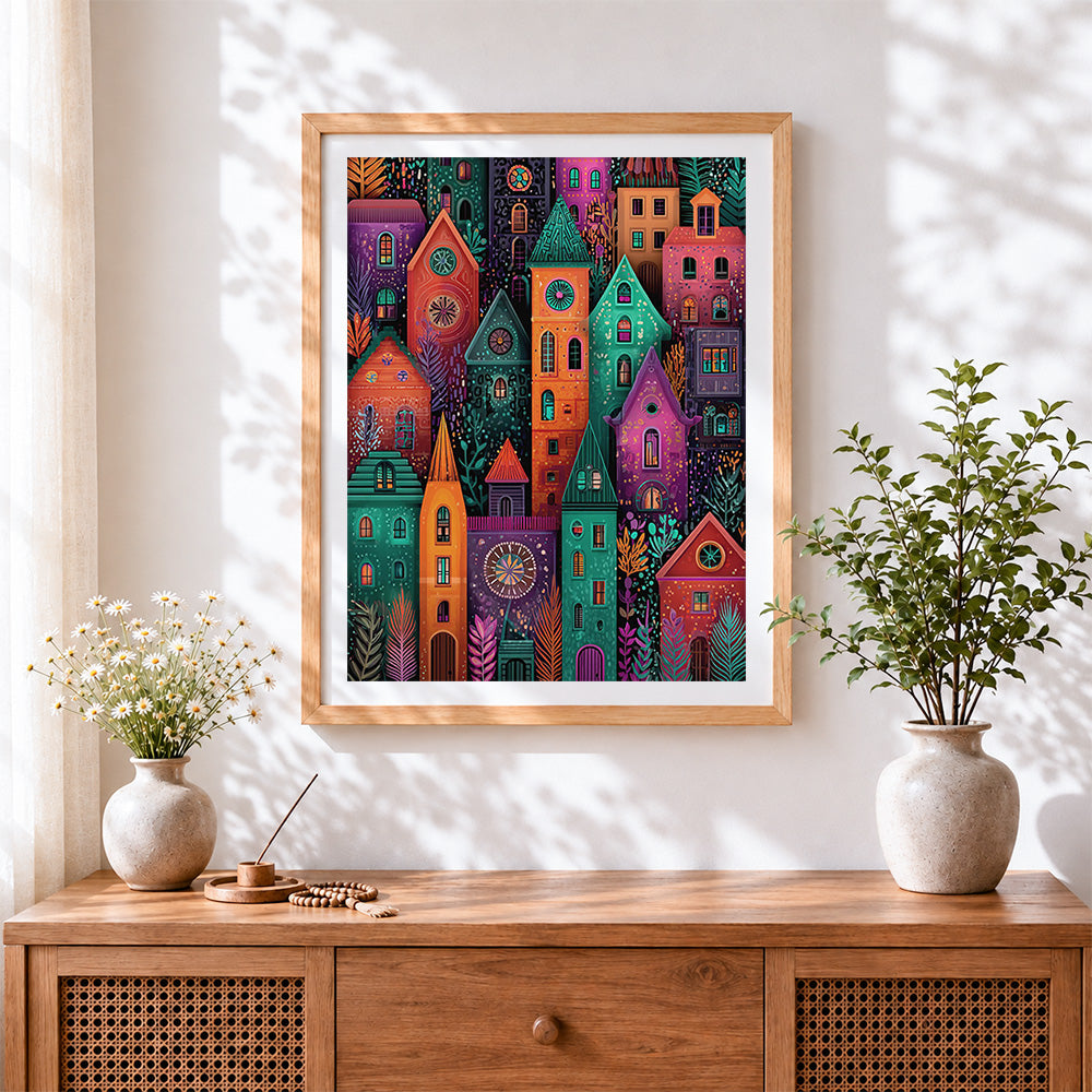 Finished whimsical colourful cityscape cross stitch artwork displayed