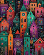 Whimsical colourful cityscape cross stitch kit for beginners