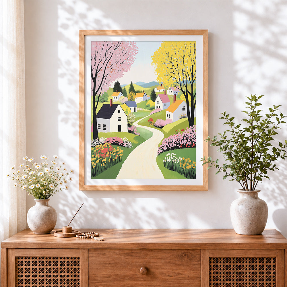 Finished whimsical colourful cottages and flower path cross stitch artwork displayed