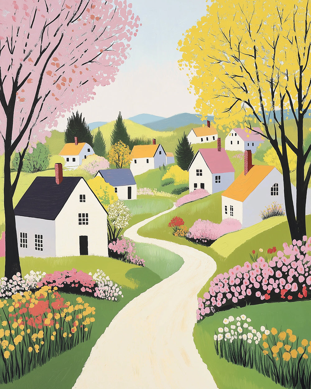 Whimsical colourful cottages and flower path cross stitch kit for beginners