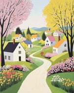 Whimsical colourful cottages and flower path cross stitch kit for beginners
