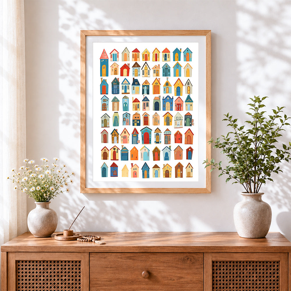 Finished whimsical colourful tiny houses cross stitch artwork displayed