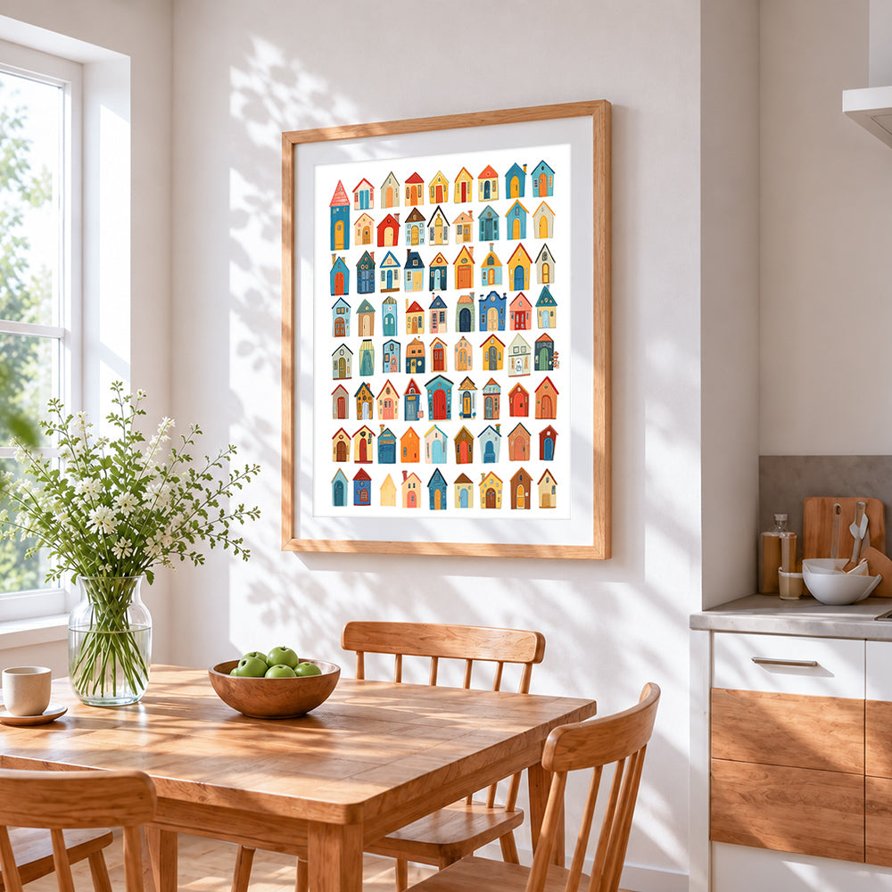 Whimsical colourful tiny houses paint by numbers artwork displayed on wall as home decor
