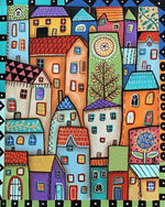 Whimsical colourful village cross stitch kit for beginners