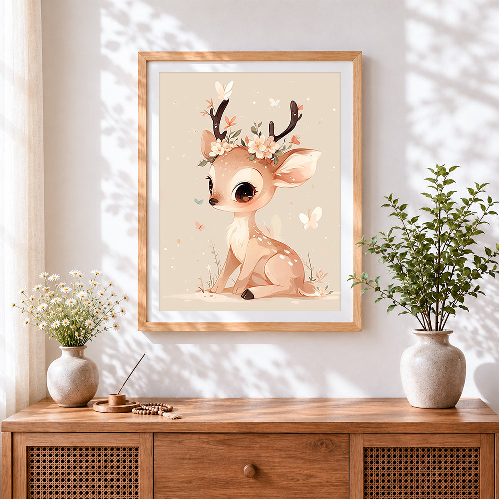 Finished whimsical deer with flower crown cross stitch artwork displayed