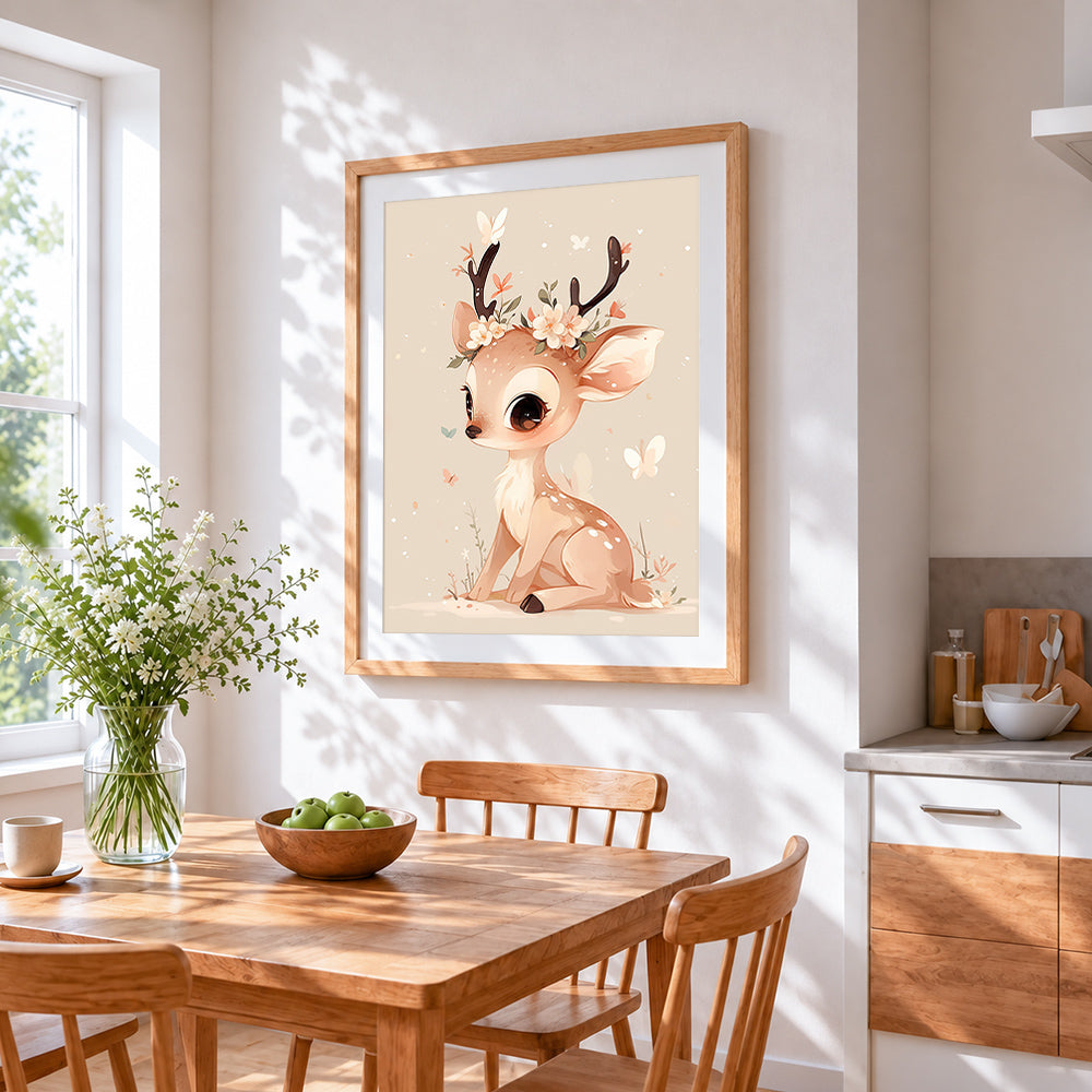 Whimsical deer with flower crown cross stitch artwork displayed on wall as home decor