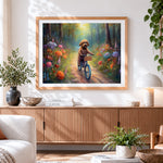 Finished whimsical doodle dog riding a bicycle cross stitch artwork displayed