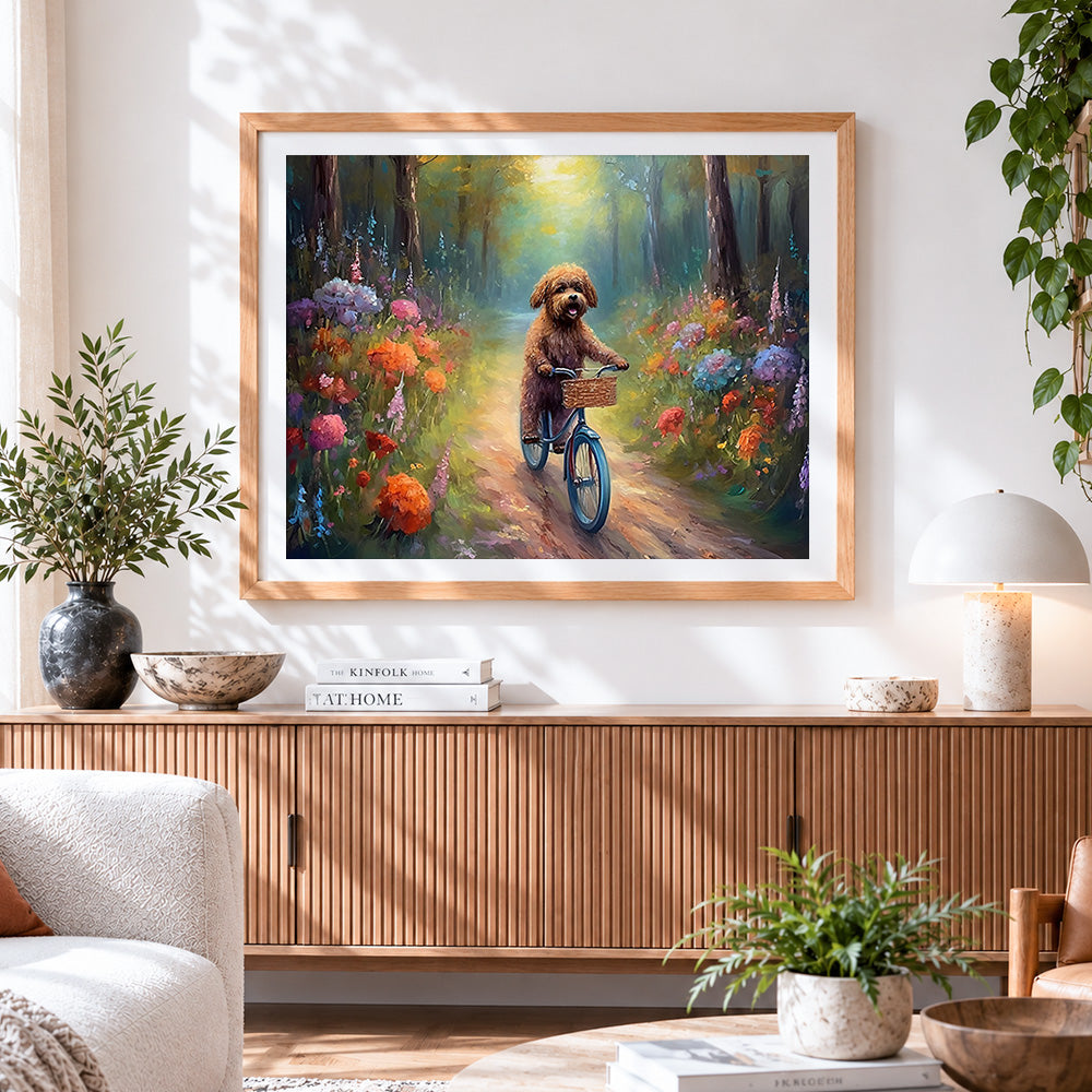 Finished whimsical doodle dog riding a bicycle cross stitch artwork displayed