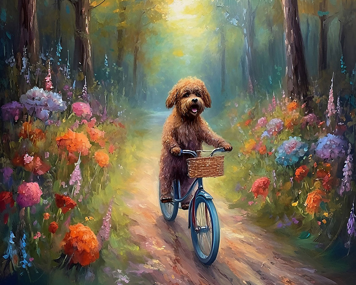 Whimsical doodle dog riding a bicycle cross stitch kit for beginners