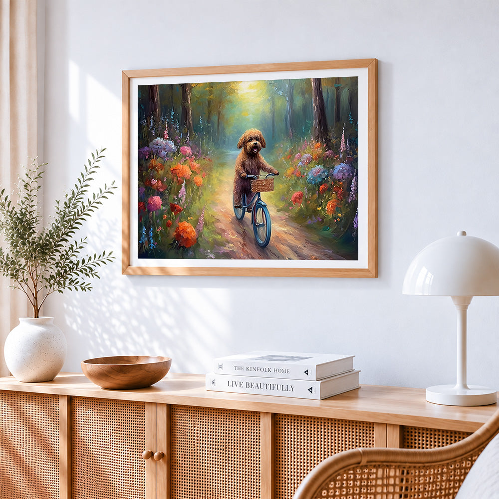 Whimsical doodle dog riding a bicycle paint by numbers artwork displayed on wall as home decor