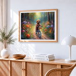 Whimsical doodle dog riding a bicycle paint by numbers artwork displayed on wall as home decor