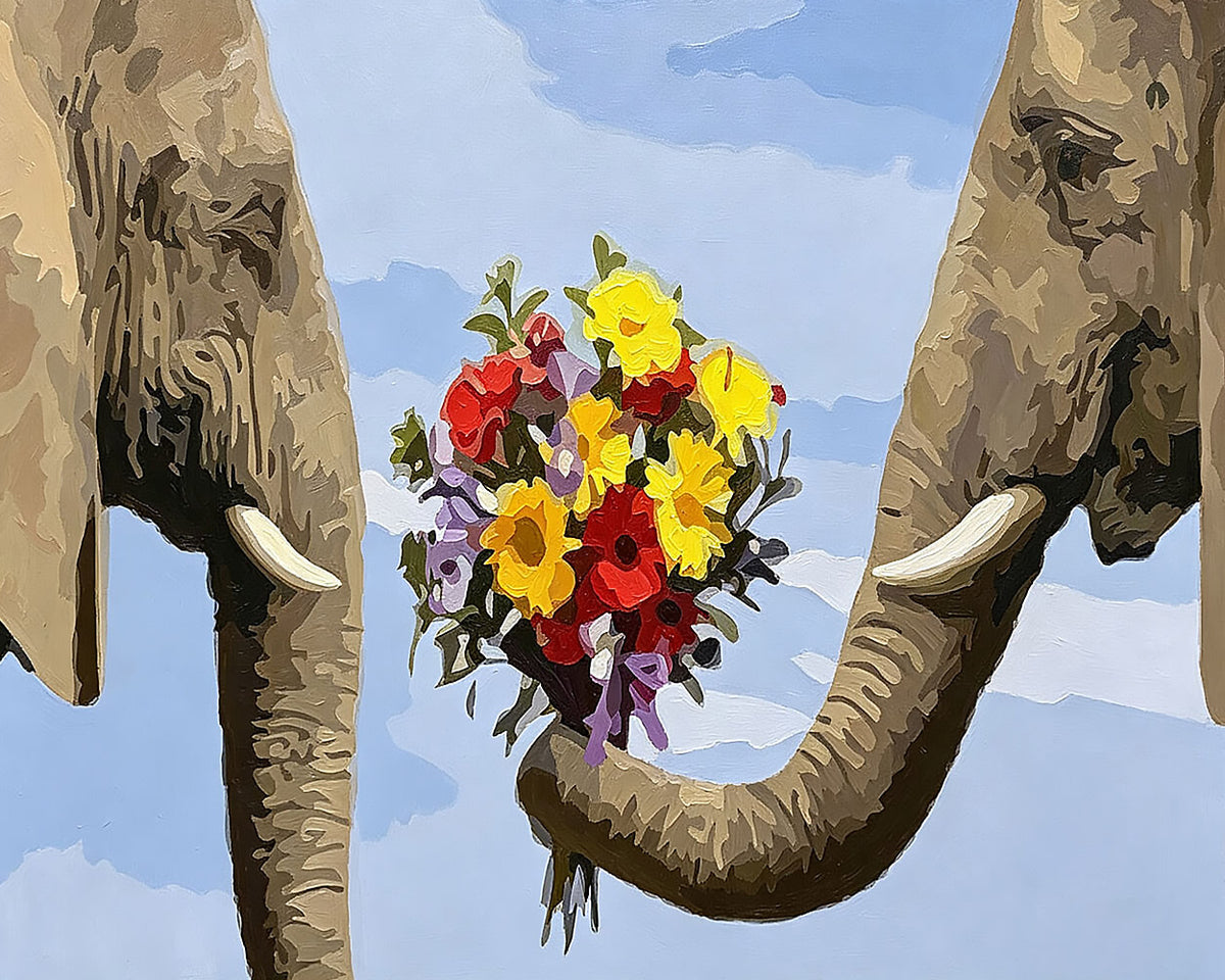 Whimsical elephants holding flowers cross stitch kit for beginners