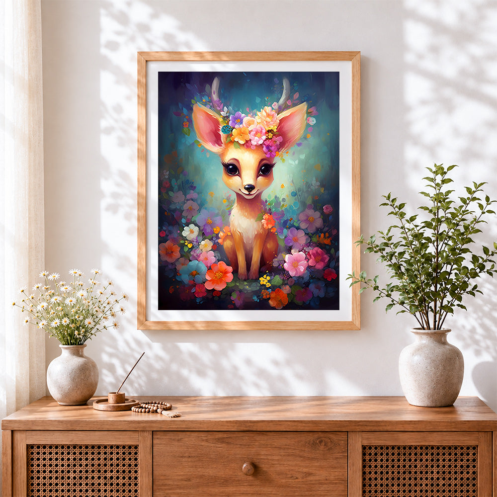 Finished whimsical fawn with flower crown cross stitch artwork displayed