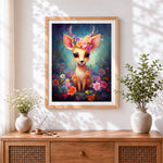 Finished whimsical fawn with flower crown cross stitch artwork displayed
