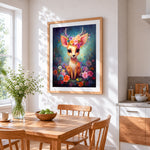 Whimsical fawn with flower crown cross stitch artwork displayed on wall as home decor
