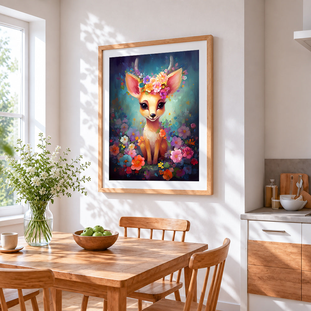 Whimsical fawn with flower crown cross stitch artwork displayed on wall as home decor